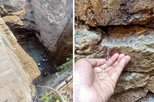 Restoration work underway at Kokapet stepwell (left); water from an aquifer inside Kokapet stepwell after restoration. Pic: Rainwater Project 30stades