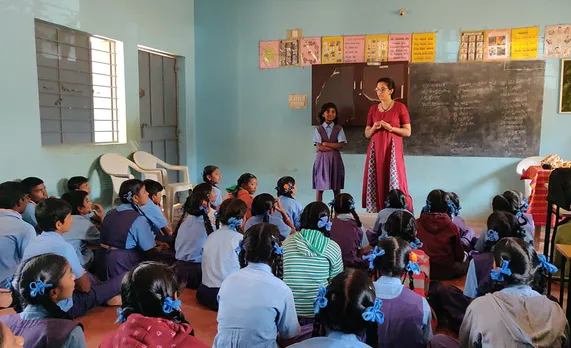 Priyanka holding a Yakshagana workshop at a government school. Pic: Courtesy Priyanka Mohan