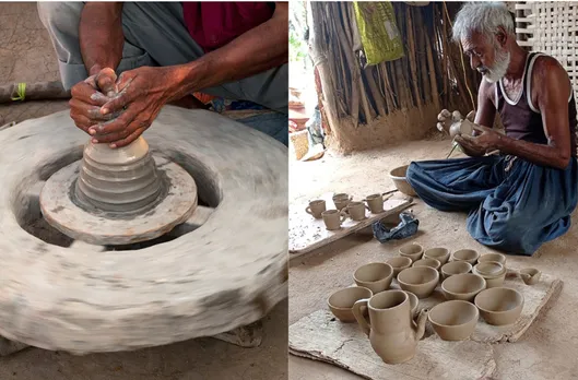 Chakda or potter's wheel on left; Ismailbhai working on his pots (right). Pic: Ismailbhai 30 stades