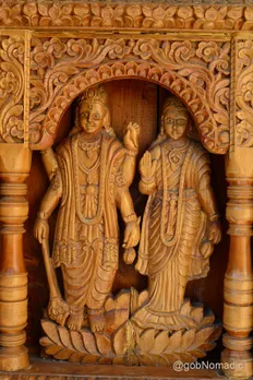 Wooden carving of Lord Vishnu and Goddess Lakshmi at the kamru Fort. Pic: Flickr 30stades