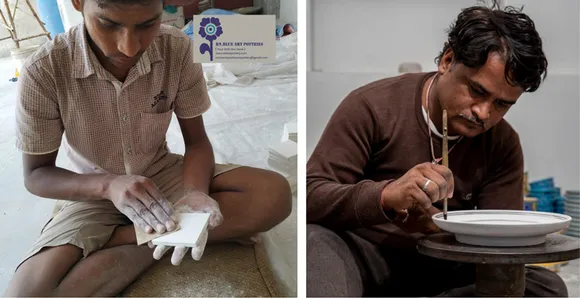 An artisan scrubs the base with sandpaper before painting (Left); Painting being done on a plate. Pic: courtesy Sadhana Garg 30stades