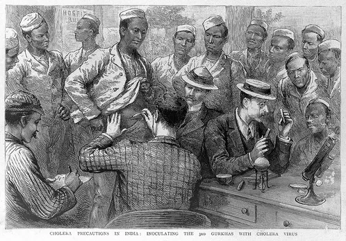 British doctors administering Cholera vaccine to members of the 3rd Gurkha Rifles during the 1893 epidemic . Pic:  Wellcome Library, London   