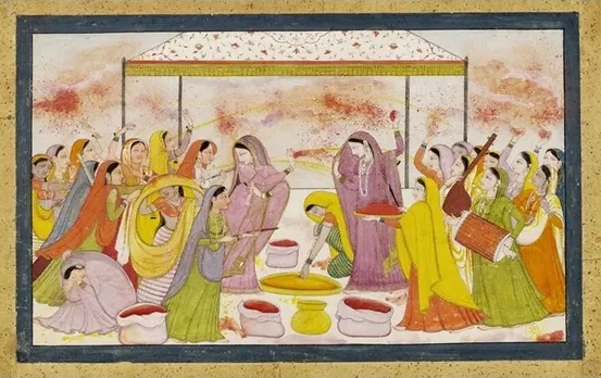 Women playing Holi in a painting from the Pahari school of art (Kangra style). Pic: British Museum 30stades