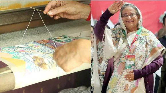 Biren Basak working on the pitloom (left) and Bangladesh Prime Minister Sheikh Hasina in his creation (Right). Pic: through Facebook/@BirenBasak1 