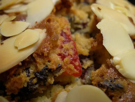 A closer look at the Dundee cake with murabba. 