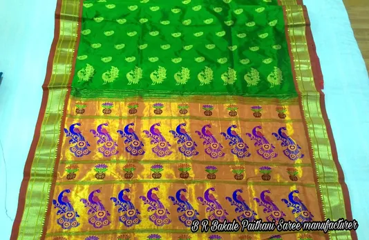 The time taken to weave a saree depends on the intricacy of the design. This 'mor' Paithani from B R Bakale in Yeola has peacock motifs on pallu with a zari border. Pic: B R Bakal