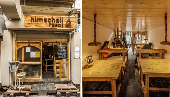 Himachali Rasoi exterior (left) and ground floor (right). It also serves food in a traditional seating arrangement on the mezzanine floor. 30stades