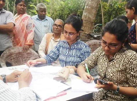 Researcher Antara Das (Right) collecting information from villagers. Pic: Partho Burman 30stades