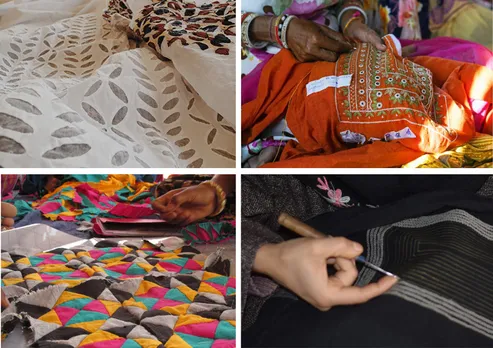 Some of the crafts practiced by Rangsutra artisans (Clockwise from top left): applique work, desert embroidery, aari embroidery of Kashmir and Ralli. Pic: Rangsutra 30stades