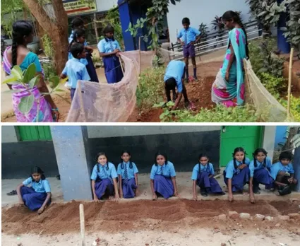 Children working at their kitchen garden at a school in Martalli. Pic: Anisha 30stades