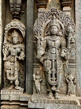Lord Vishnu with Goddess Lakshmi (left) at the Chennakeshava Temple in Belur. Pic: Flickr 30stades