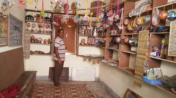 An artisan's home-cum-shop in Raghurajpur houses Pattachitra paintings, recycled art and Pothi Chitra. Pic: Manish Kumar