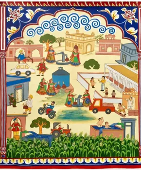 A Phad painting depicting the importance of various water sources and their conservation. Pic: through Kalyan Joshi