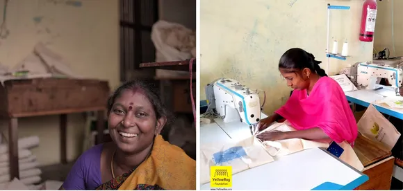 (Left) Panchavarnam's son is the first in the family to ever go to college; (Right) Bhuvana is now a line in-charge at the unit. Pic: YellowBag 
