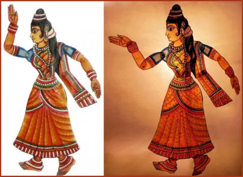 Leather puppet of nartaki (dancer) without light (left) and with light in the background (right). Pic: S Sriramulu 30stades