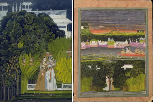 Paintings by Nihal Chand. Left: Raja Sawant Singh and Bani Thani as Krishna and Radha, ca. 1760.  Right: Radha and Krishna boating with Gopis. Pic: Wikimedia Commons 30stades