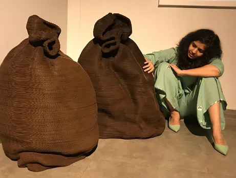 Bandana Jain with bags made from corrugated cardboard. Her works create an optical illusion. Pic: Facebook/@artistbandana  