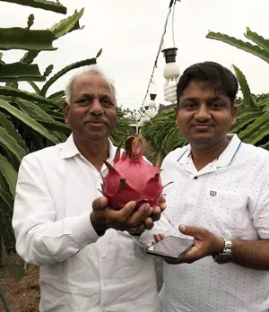 Dr Srinivas with his father. His farm has 27 varieties of dragon fruit. Pic: Deccan Exotics 30stades