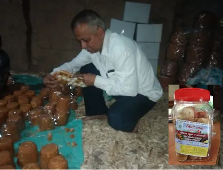 Sudhir Chivate packaging organic jaggery made on his farm. Pic: through Sudeep Chivate