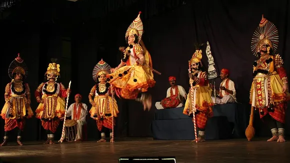 Members of the Idagunji Mahaganapati Yakshagana Mandali at a performance. Pic: Idagunji Mahaganapati Yakshagana Mandali 30 stades 