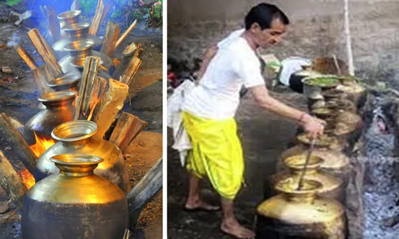 Left: Charoti or huge brass pots in which dham is prepared on firewood. Right: A boti is preparing dham. Pic: Flickr 