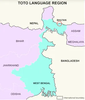 Totopara, bordering Bhutan, encircled in the map of West Bengal. Pic: Courtesy Prakash Toto 30stades