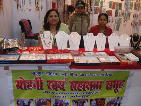 Anita Gupta with products made by women of a self-help group in Aarah. Pic: BMKK 30STADES