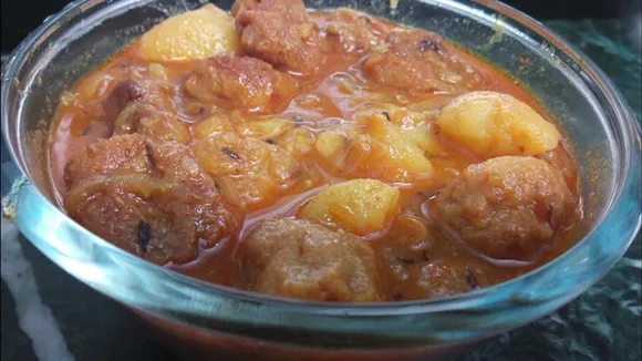 Kumhrauri with potato gravy. Kumhrauri are sun-dried ground dal dumplings, fried and soake in water before use.