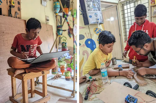 Left: A learner is engrossed in researching and taking notes from the Internet. Right: Children working with a nook 'fellow' on a remote-controlled mini bus project. Pic: Project DEFY 30STADES