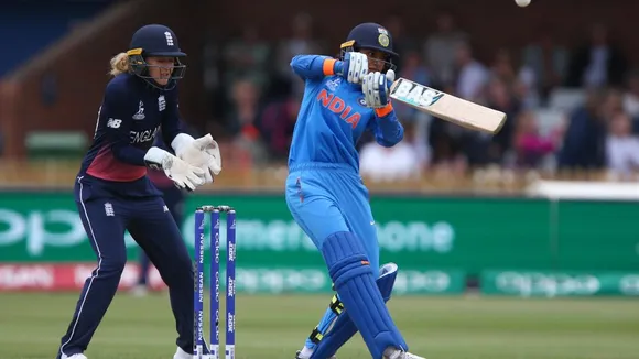 Smriti Mandhana plays a powerful pull against England in the 2017 World Cup. © ICC