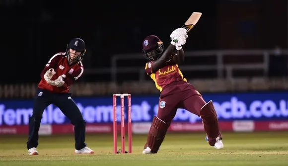 Deandra Dottin hits one through the off-side against England. © Cricket West Indies/Twitter