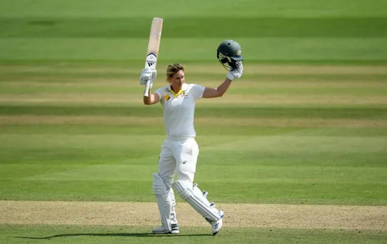 Ellyse Perry acknowledges the crowd after her hundred in Taunton. ©Getty Images