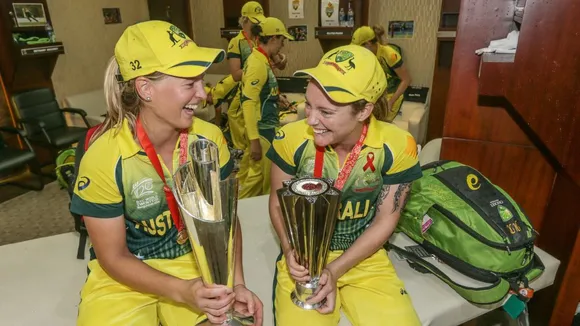 Meg Lanning and Sarah Coyte after the 2014 T20 World Cup. © ICC