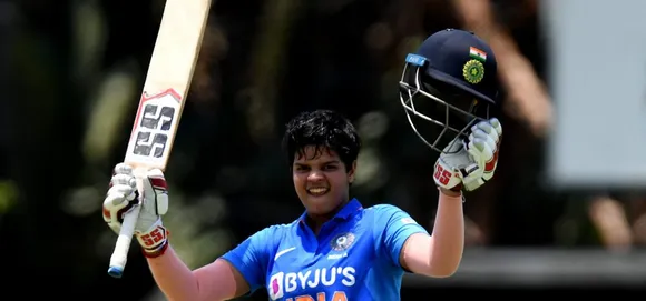 Shafali Verma celebrates her century against Australia A. © Getty Images